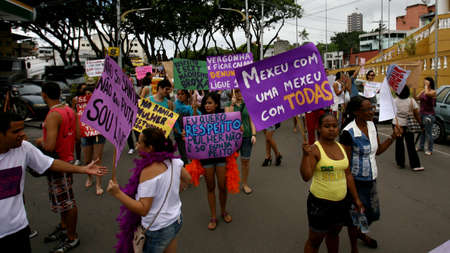 itabuna bahia / brazil - october 8, 2011: women participate in the March of Sluts in the city of Itabuna. The group asks for respect and attention from women.のeditorial素材