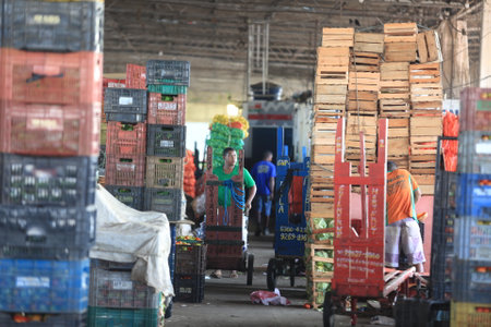 simoes filho, bahia / brazil - June 8, 2016: Worker next to hotfrutes in Ceasa in the city of Simoes Filhoのeditorial素材