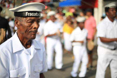 salvador, bahia / brazil - january 24, 2016: members of the cultural group Cheganaa dos Marujos Brazilian Frigate, are seen during a performance at the Tororo Dike in Salvador. .のeditorial素材
