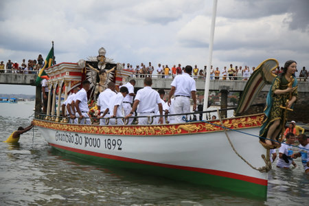 salvador, bahia / brazil - januuary 1, 2020: Sailors are seen aboard the Gratidao do Povo Galeota...