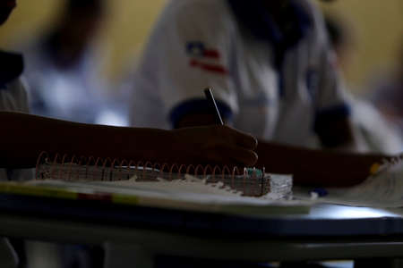 dias d'avila, bahia / brazil - July 26, 2019: Students at Altair da Costa Lima Municipal School follow military rules during the educational process.のeditorial素材