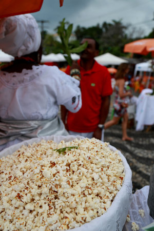 salvador, bahia / brazil - january 25, 2015: popcorn is used by Candomble members for religious rituals in honor of the orixa Omolu in the city of Salvador.のeditorial素材