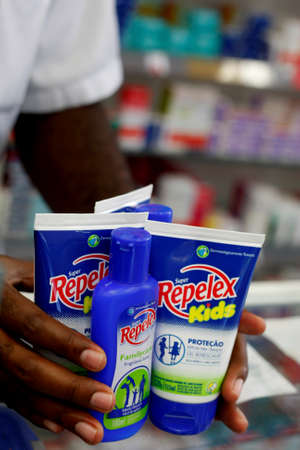 Salvador, Bahia / Brazil - January 27, 2016: Insect repellent sold at a pharmacy in Salvador.のeditorial素材