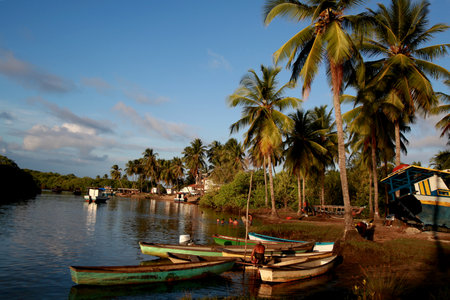 conde, bahia / brazil - march 28, 2013: Fishing boats are seen in the Itapicuru River port in the Pocas community, Conde municipality.のeditorial素材
