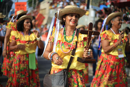 salvador, bahia / brazil - january 24, 2016: Members of the cultural group Esmola Cantada, seen during an event at the Tororo Dike in the city of Salvador.のeditorial素材