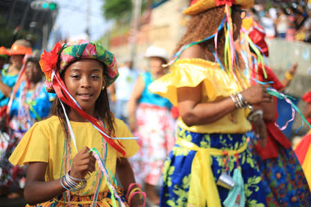 salvador, bahia / brazil - january 24, 2016: Members of the cultural group Esmola Cantada, seen during an event at the Tororo Dike in the city of Salvador.のeditorial素材