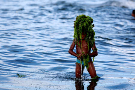 salvador, bahia / brazil - february 2, 2015: child plays with algae on the Rio Vermelho beach in the city of Salvador.のeditorial素材
