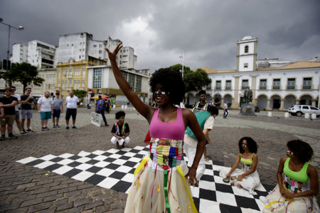 salvador, bahia / brazil - may 18, 2019: Members of the Theatrical Revolution group are seen during a performance at Thome de Sousa Square in the city of Salvador.のeditorial素材