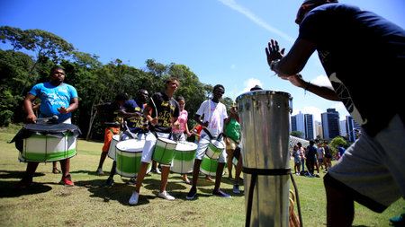 salvador, bahia / brazil - september 18, 2016: Members of a percussion group are seen during a...