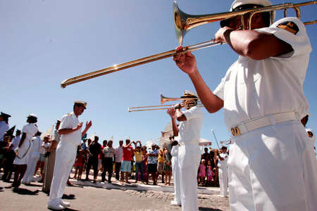 porto Seguro, bahia / brazil - april 22, 2010: Brazilian Navy musician is seen during presentation at civic parade in the city of Porto Seguro.のeditorial素材