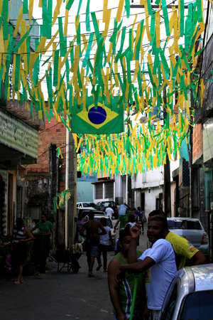 salvador, bahia / brazil - june 6, 2014: street view decorated with pennants and Brazilian flag in the neighborhood of Sao Marcos in the city of Salvador.のeditorial素材