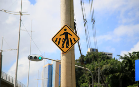 salvador, bahia, brazil - may 26, 2021: traffic signs indicating the passage of pedestrians in a street in the city of Salvador.のeditorial素材