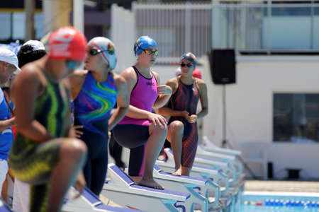 salvador, bahia, brazil - september 13, 2019: Swimmers are seen in a pool at the Aquatic Arena in the city of Salvador.のeditorial素材
