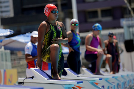 salvador, bahia, brazil - september 13, 2019: Swimmers are seen in a pool at the Aquatic Arena in the city of Salvador.のeditorial素材