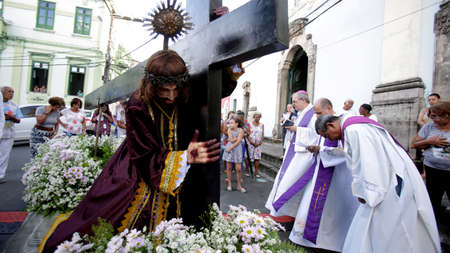 salvador, bahia, brazil - april 7, 2017: Religious procession marks the path of Jesus during...