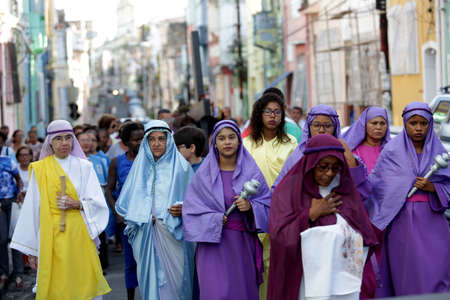 salvador, bahia, brazil - april 7, 2017: Religious procession marks the path of Jesus during...