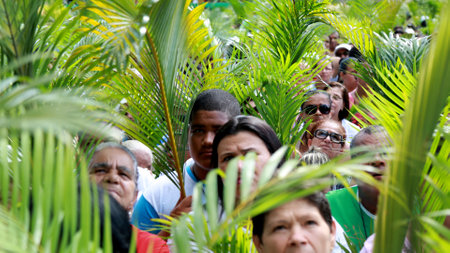 salvador, bahia, brazil - march 29, 2015: Catholics are seen carrying palm branches during procession of branches in Salvador city.のeditorial素材