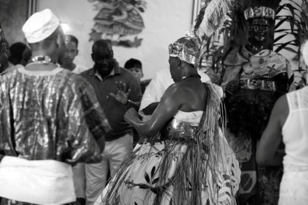 simoes Filho, bahia, barazil - february 27, 2016: integrants of the Candomble religion are seen during a religious celebration in a terreiro in the city of Simoes Filho.のeditorial素材