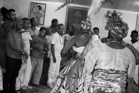 simoes Filho, bahia, barazil - february 27, 2016: integrants of the Candomble religion are seen during a religious celebration in a terreiro in the city of Simoes Filho.のeditorial素材