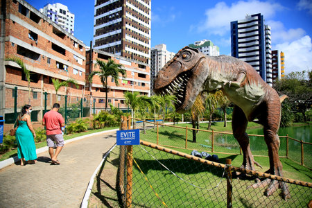 Salvador, Bahia, Brazil - July 20, 2021: View of sculpture in Lagoa dos Dinossauros park in Salvador city. the place was reopened for public visitation.のeditorial素材