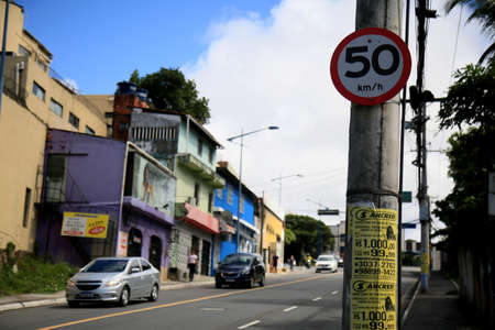 salvador, bahia, brazil - july 20, 2021:traffic sign indicating the limit of 50 kilometers per hour in the city of Salvador.のeditorial素材