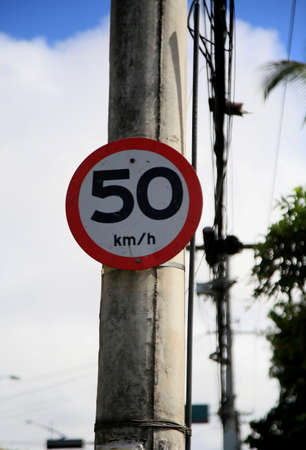 salvador, bahia, brazil - july 20, 2021:traffic sign indicating the limit of 50 kilometers per hour in the city of Salvador.のeditorial素材