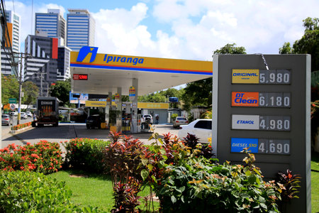 Salvador, Bahia, Brazil - July 20, 2021: Facade of a gas station of the Ipiranga network in the city of Salvador.のeditorial素材