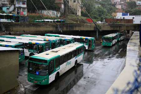 salvador, bahia, brazil - july 27, 2021: Public transport buses are seen parked at the Lapa station...