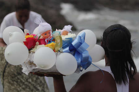 salvador, bahia, brazil - february 2, 2014: Integrants of the Candomble religion are seen during...