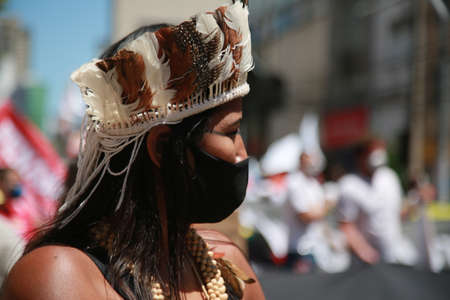 salvador, bahia, brazil - september 7, 2021:Pataxo Indians seen during a demonstration against President Jair Bolsonaro in the city of Salvador.のeditorial素材