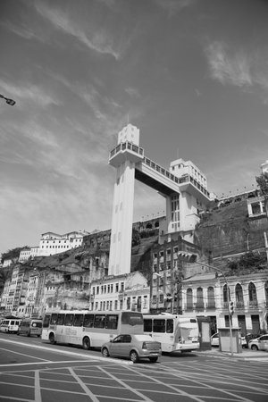 Salvador, Bahia, Brazil - October 25, 2021: Aerial view of the Elevador Lacerda, a monument that connects the upper city to the lower city in Salvador.のeditorial素材