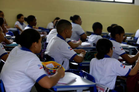 dias d'avila, bahia, brazil - july 7 2019: municipal school student with shared management with the military police of Bahia in the city of Dias D'Avila.のeditorial素材