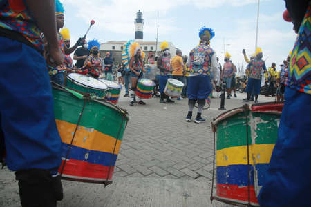 salvador, bahia, brazil - november 21, 2021: percussionist from the afro commanches bloc are seen...