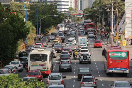 Salvador, Bahia, Brazil - December 12, 2012: Vehicles on a congested street in the city of Salvador.のeditorial素材