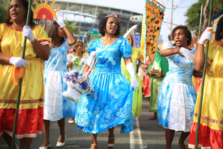 salvador, bahia, brazil - january 24, 2016: Members of the cultural group Suit das Flores from the city of Vera Cruz are seen during a cultural event in the city of Salvador.のeditorial素材