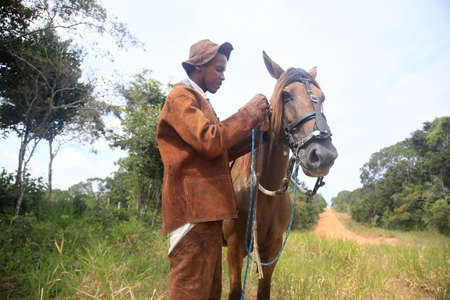 Conde, Bahia, Brazil - January 9, 2022: Cowboy wearing traditional leather clothes with his horse on...
