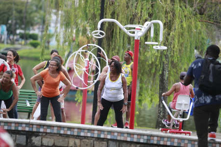 salvador, bahia, brazil - september 1, 2015: people practicing physical activity in an outdoor gym at Dique de Itororo in the city of Salvador.のeditorial素材