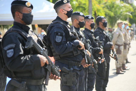 Salvador, Bahia, Brazil - February 17, 2022: Members of the Bahia Military Police are seen during a...