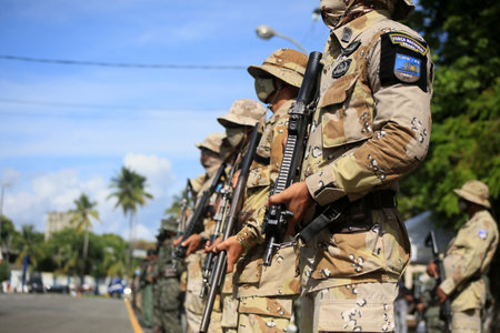 Salvador, Bahia, Brazil - February 17, 2022: Members of the Bahia Military Police are seen during a parade at Vila Militar in Salvador.のeditorial素材