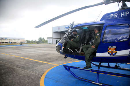 salvador, bahia, brazil - february 19, 2022: squirrel model helicopter of the air group of the military police of bahia in the city of Salvadorのeditorial素材
