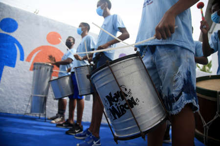 Salvador, Bahia, Brazil - February 18, 2022: percussion band performs during an event at a unit of...
