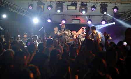Salvador, Bahia, Brazil - February 24, 2022: singer Fautao performs at a carnival party in the city...