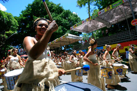 Salvador, Bahia, Brazil - March 3, 2014: Members of the band Dida are seen during a parade at the...