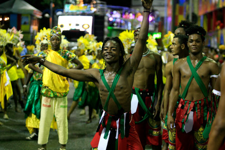 Salvador, Bahia, Brazil - March 3, 2014:Members of the Muzenza Carnival group are seen during a...