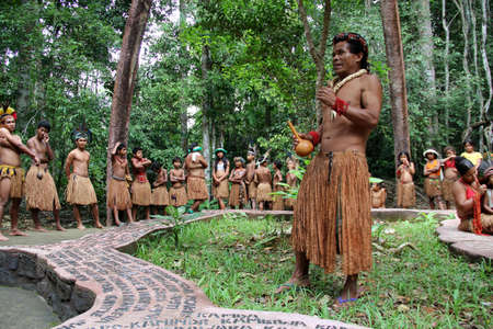 porto Seguro, Bahia, Brazil - October 20, 2012: Indians of the Pataxo ethnicity are seen in the...