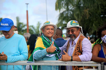 Salvador, Bahia, Brazil - March 16, 2022: followers of President Jair Bolsonaro wait for him at Bonfim Church during a visit to the city of Salvador.のeditorial素材