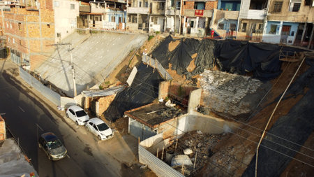 Salvador, Bahia, Brazil - March 25, 2022: construction of a hillside containment masonry in the region of Ladeira do Cacau in the city of Salvador.のeditorial素材