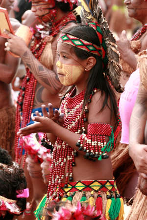 Santa Cruz Cabralia, Bahia, Brazil - April 19, 2009: Indigenous people of Pataxo ethnicity during indigenous games in Coroa Vermelha village.のeditorial素材
