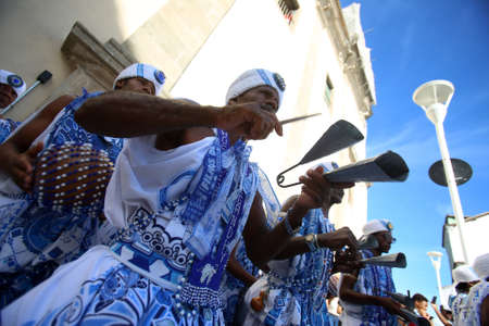 Salvador, Bahia, Brazil - February 5, 2018: members of the Filhos de Gandhy group seen in Pelourinho, Historic Center of the city of Salvador.のeditorial素材