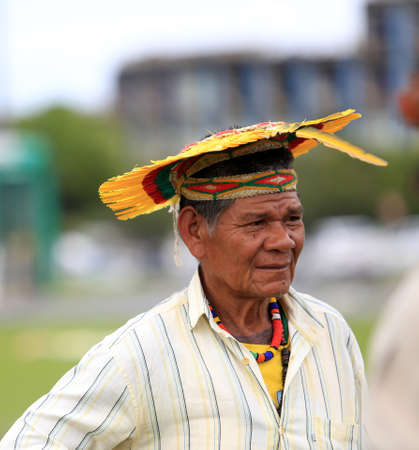 Salvador, Bahia, Brazil - May 29, 2017: Indians from various indigenous tribes of Bahia make camp at the Legislative Assembly, In the Administrative Center, in Salvador.のeditorial素材